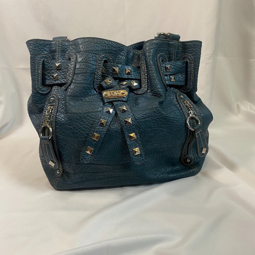 Vintage Slate Blue Handbag by Kathy VanZeeland Double Handle Shoulder Purse